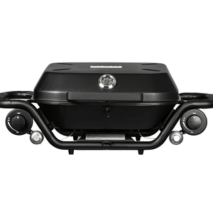 Hitch-mounted propane grill with lid closed and two side control knobs