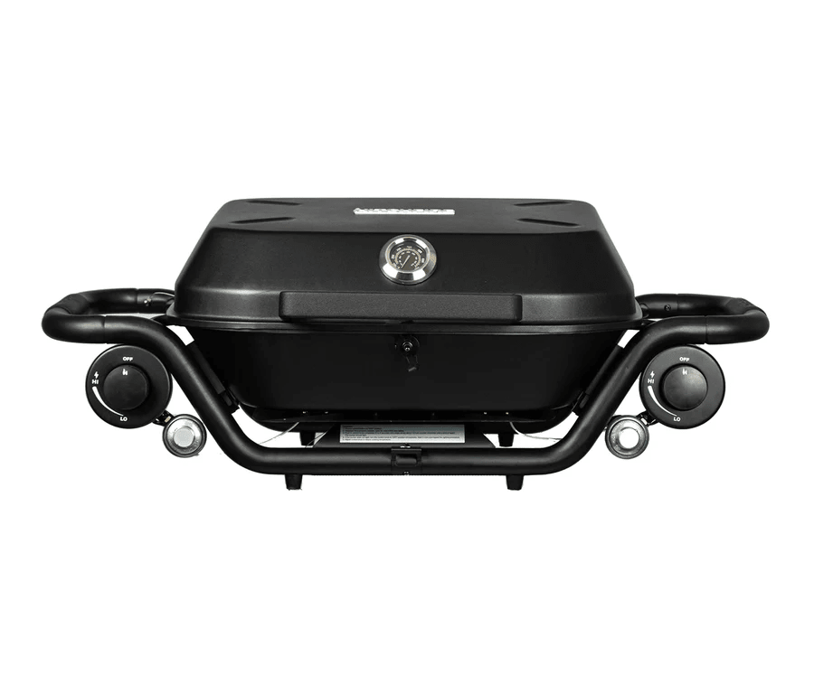 Hitch-mounted propane grill with lid closed and two side control knobs