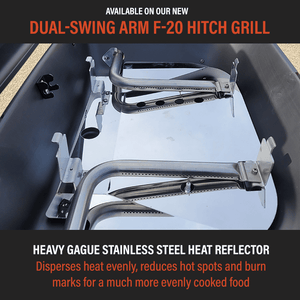Hitch-mounted propane grill heat reflector and burner assembly inside lid