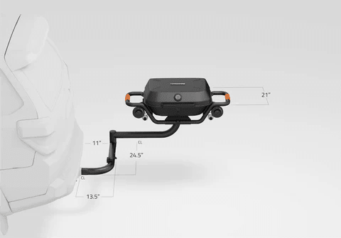 Hitch-mounted propane grill with dual swing arm and control knobs