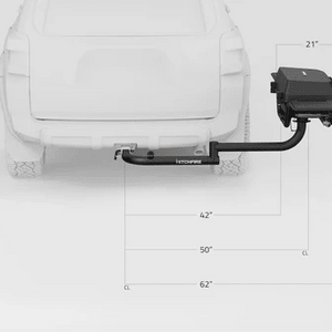 Hitch-mounted propane grill on hitch with swing arm and side shelves