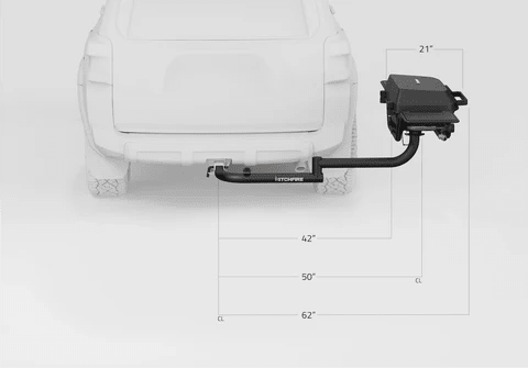 Hitch-mounted propane grill on hitch with swing arm and side shelves