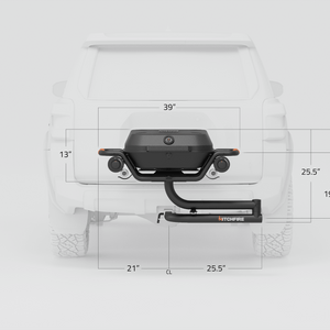 HITCHFIRE hitch-mounted propane grill dimensions diagram with front height and width labels