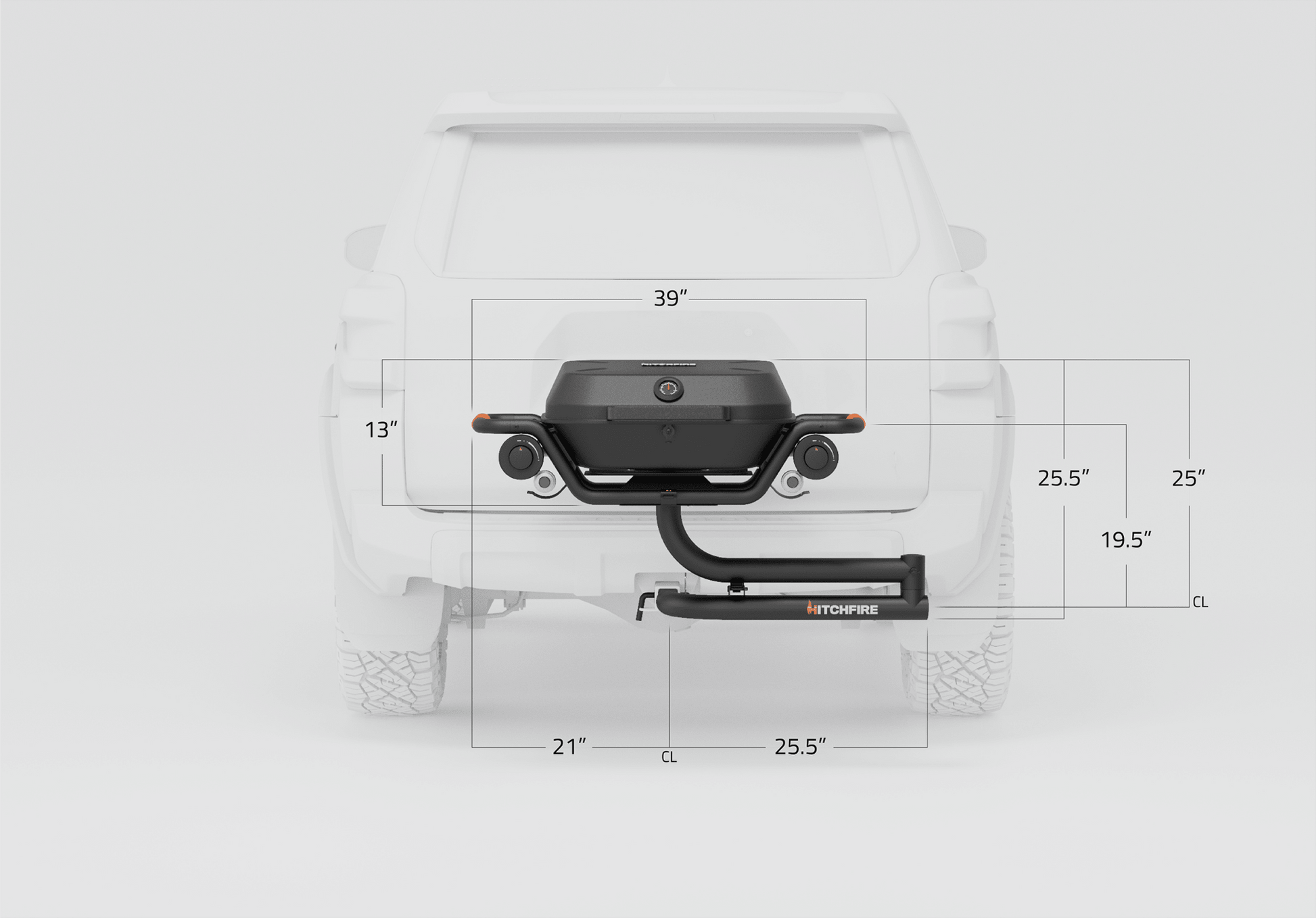 HITCHFIRE hitch-mounted propane grill dimensions diagram with front height and width labels