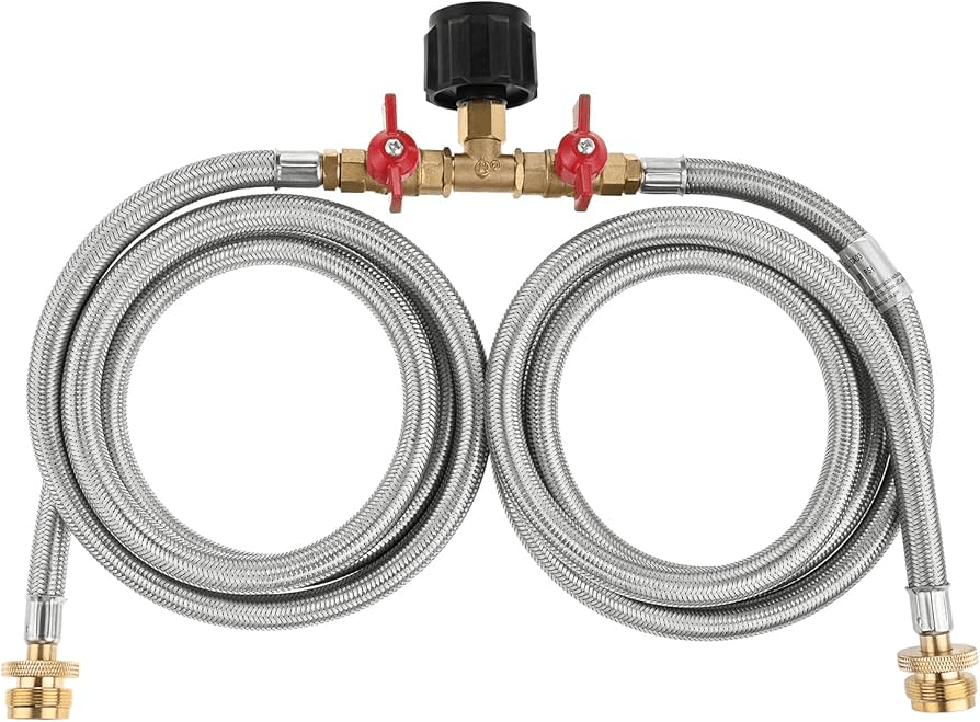 Propane two-way Y splitter adapter hose with two braided metal hoses and brass valve body
