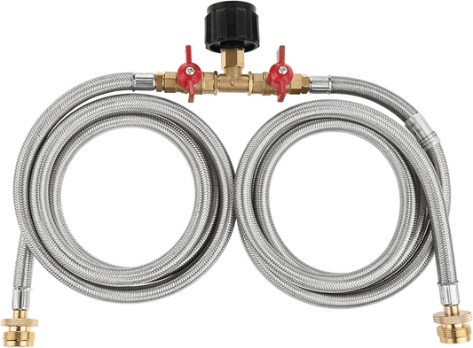 Propane Y-splitter adapter hose with braided stainless lines, brass fittings and black cap