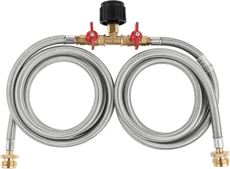Propane two-way Y splitter adapter hose with two braided metal hoses and brass valve body