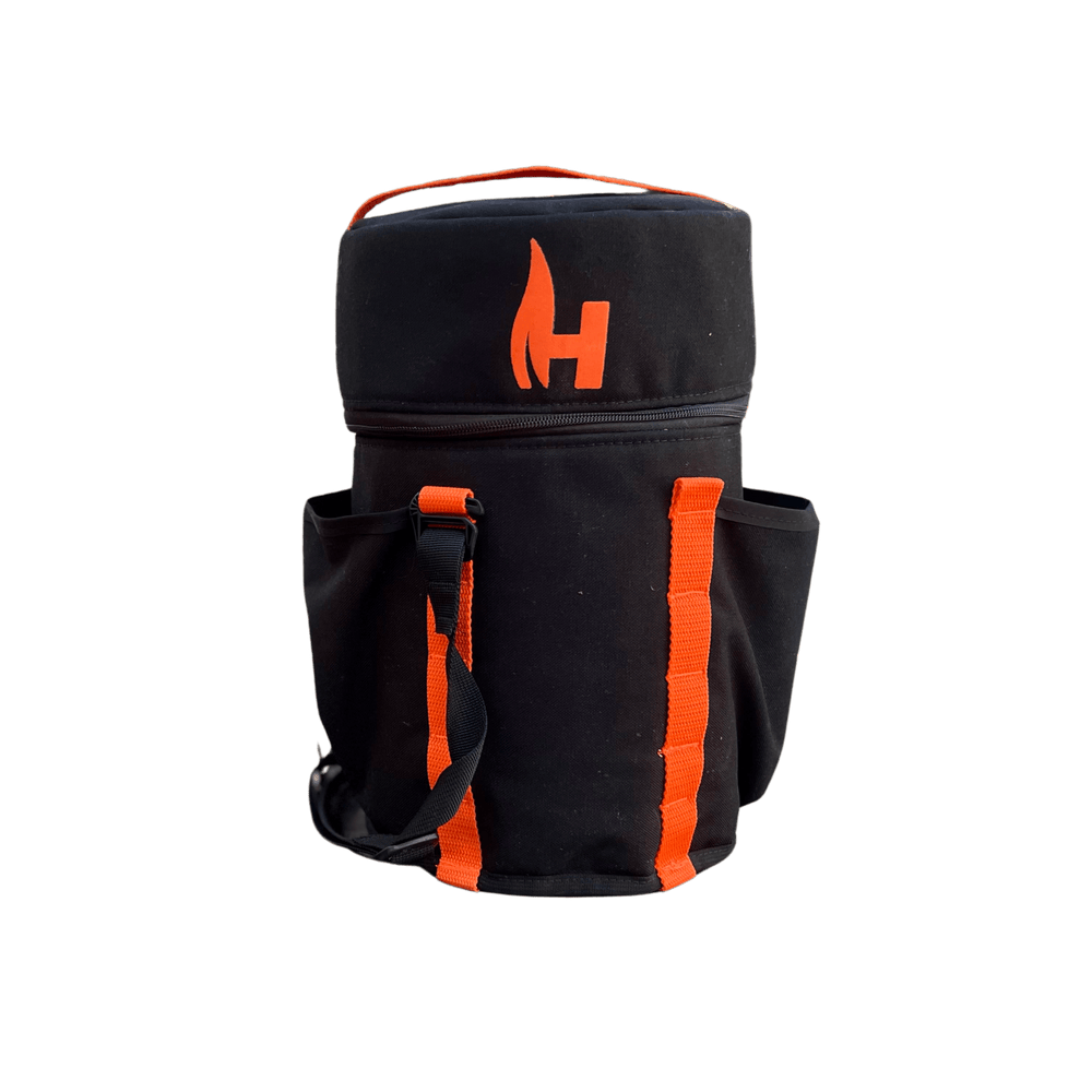 Propane tank carrying case, black fabric with orange H logo and side handles.