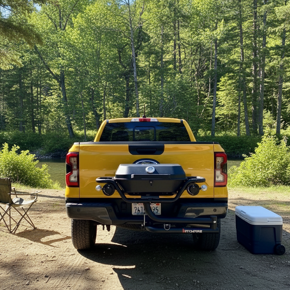 Hitch-mounted propane grill mounted on pickup hitch with lid closed