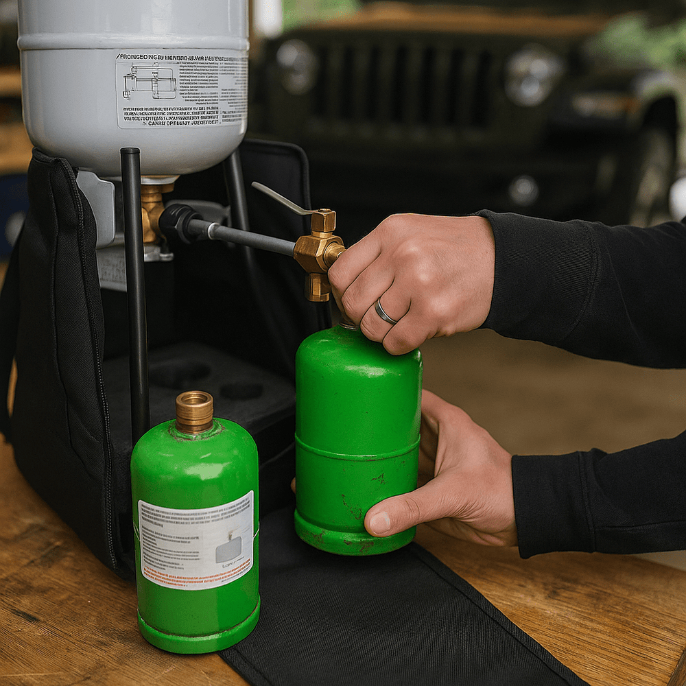 Green propane refill tanks connected with brass valve fitting by hand