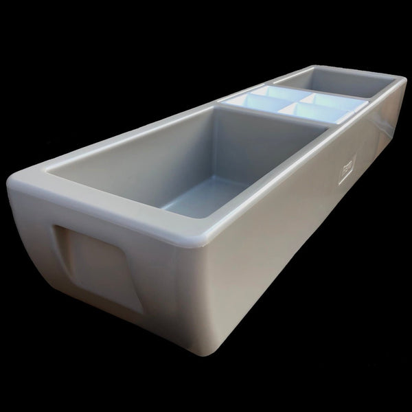 Greige mist party barge cooler with open top insert and empty bin.