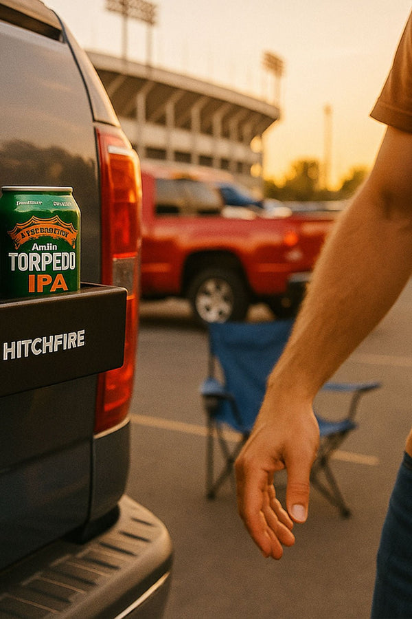 Magnetic spice rack and cupholder with drink cans on truck rear, hand reaching toward it