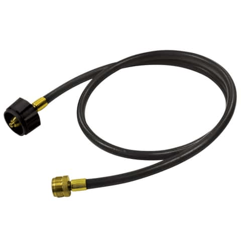 Rubber gas line hose with black rubber line and brass adapters, one end and coupling