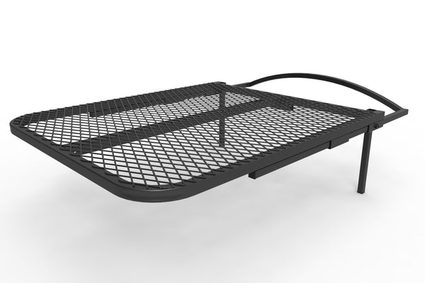 Black mesh camping table with foldable legs and side supports, flat top view.