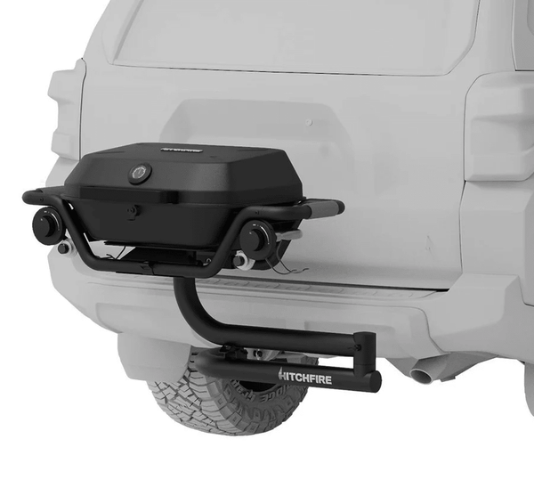 Super Gameday bundle: black HITCHFIRE grill with side table bar on a white vehicle