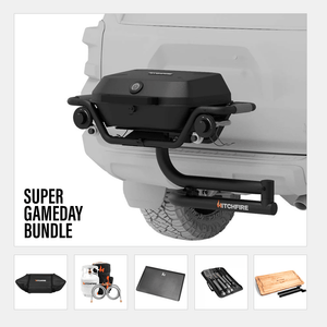 Super Gameday bundle: black HITCHFIRE grill mounted on a white vehicle