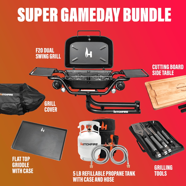 Super Gameday bundle: black grill with griddle, cover, cutting board, and grilling tools