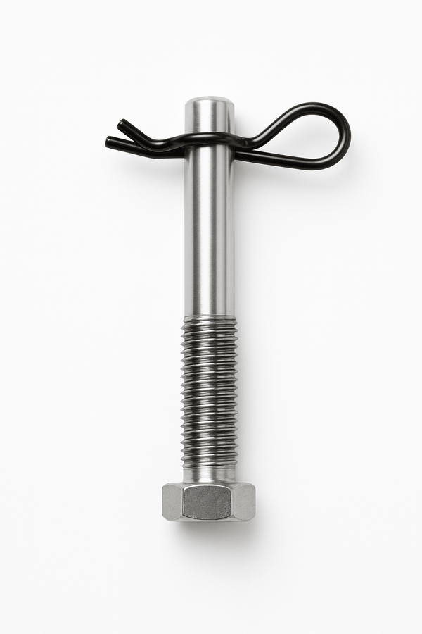 Threaded hitch pin with black hairpin clip and hex head, silver metal