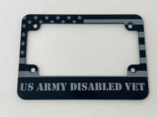 US Army Disabled Veteran American Flag Billet Aluminum Motorcycle License Plate Frame