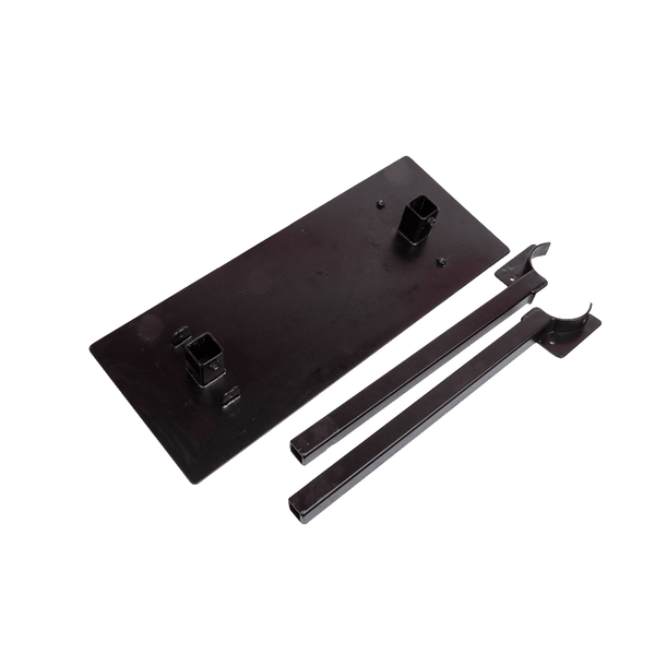 Black cutting board side table with mounted grill tools and brackets