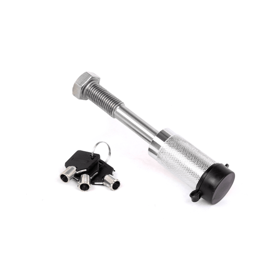 Locking hitch pin with textured metal grip, black rubber cap, and key ring