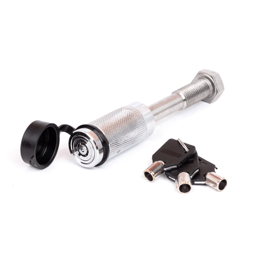 Locking hitch pin with black cap, keyed insert, threaded metal shaft, retaining ring