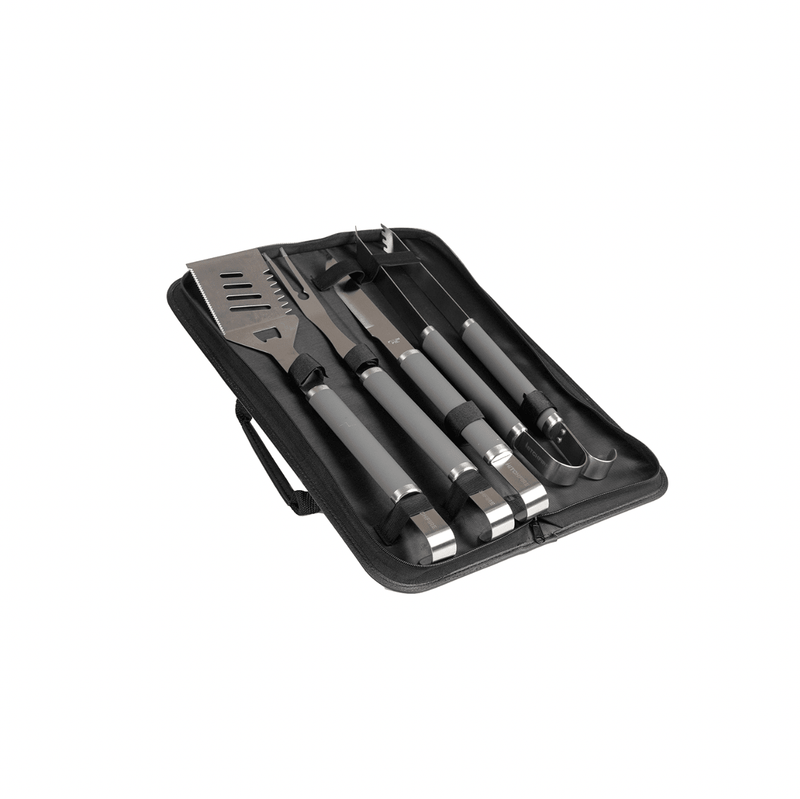 Grilling tool set in black zip case with stainless accessories and utensils