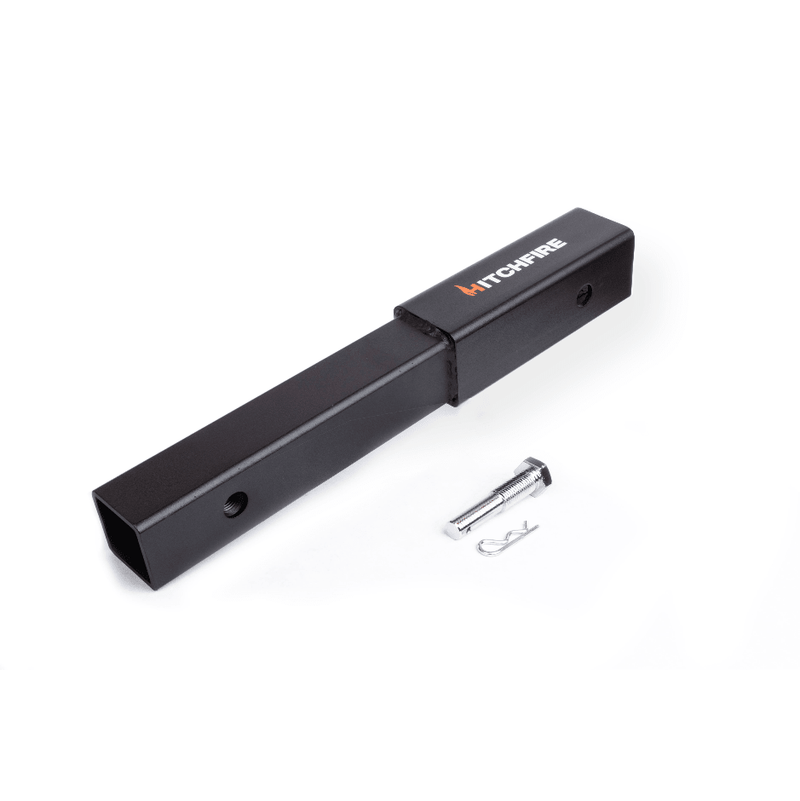 Black hitch extender with mounting holes and included pin clip