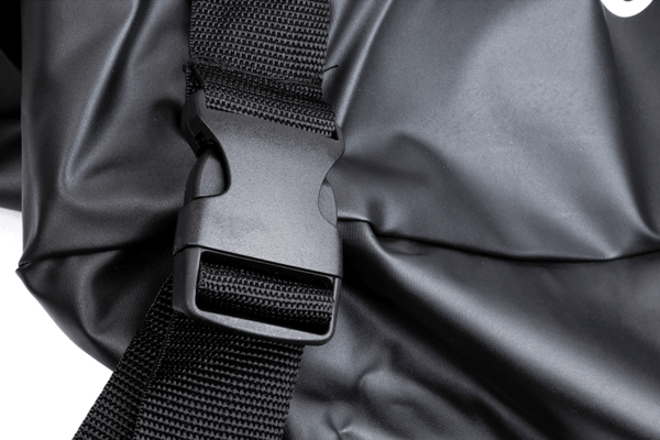 Black grill cover securing strap with buckle and woven webbing