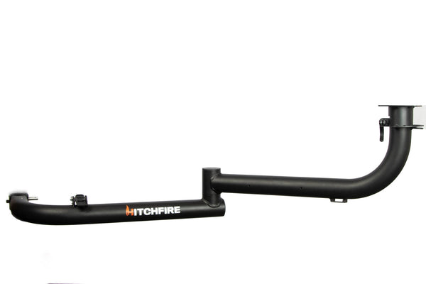 Black Hitchfire dual swing arm hitch accessory with side brackets and end caps