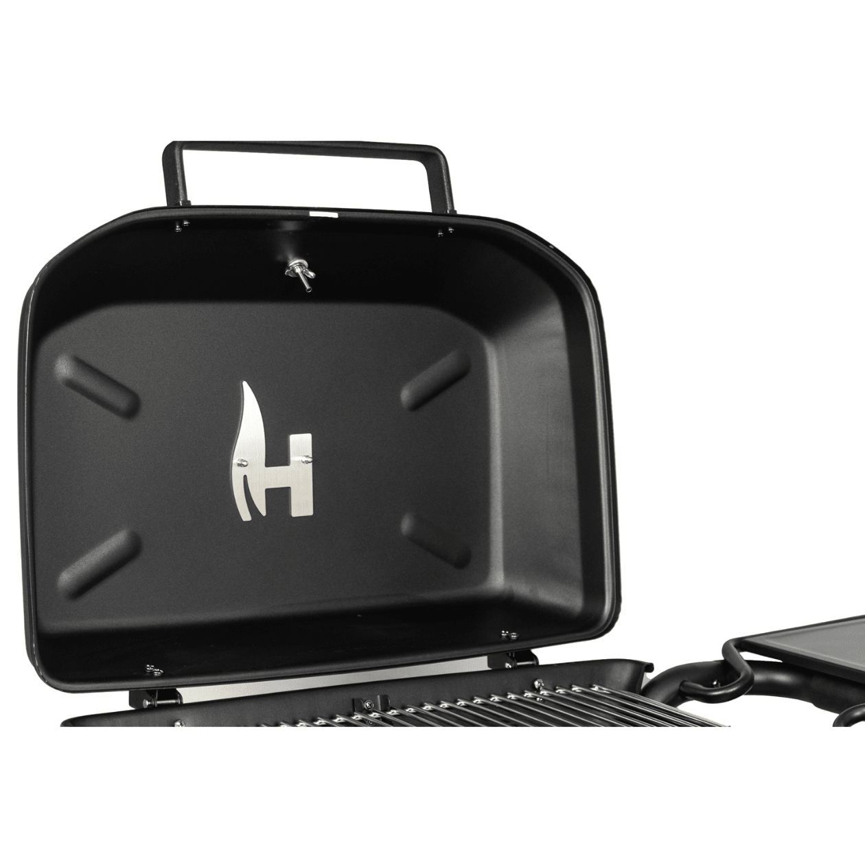 Black propane grill with lid open, front lid handle and circular control knobs