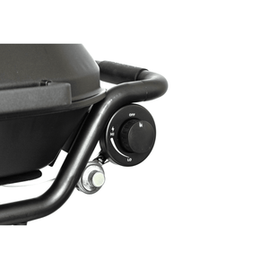 Hitch-mounted propane grill temperature control knob on side panel