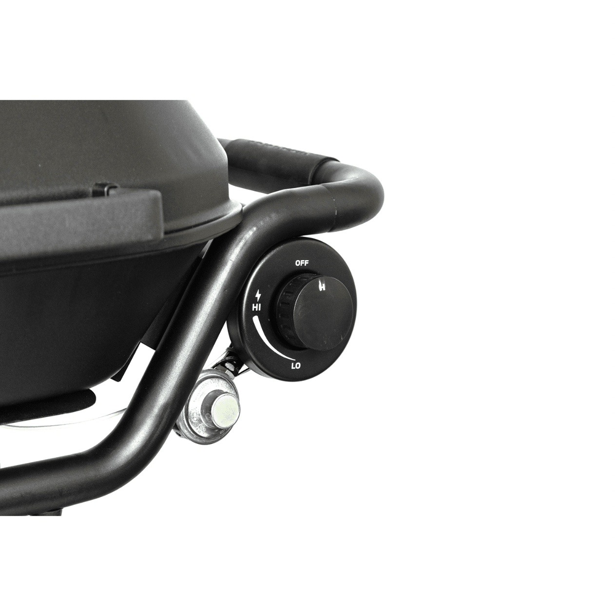 Hitch-mounted propane grill temperature control knob on side panel