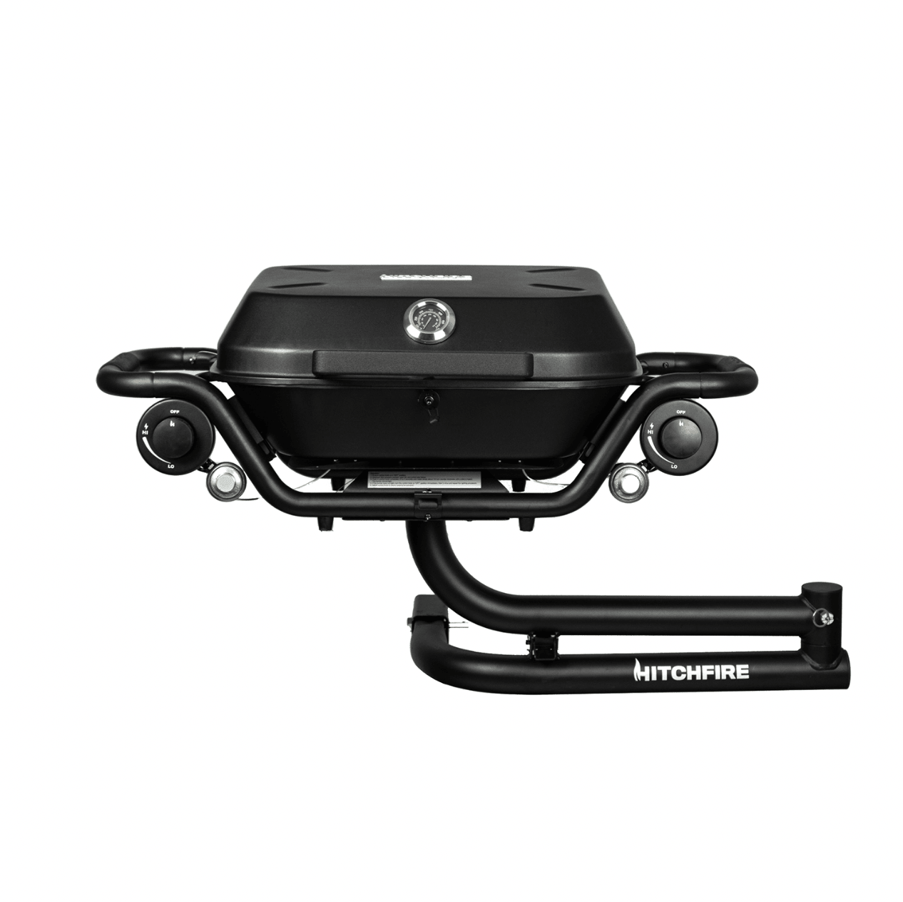 Black propane grill with lid closed, two front control knobs and HITCHFIRE hitch frame