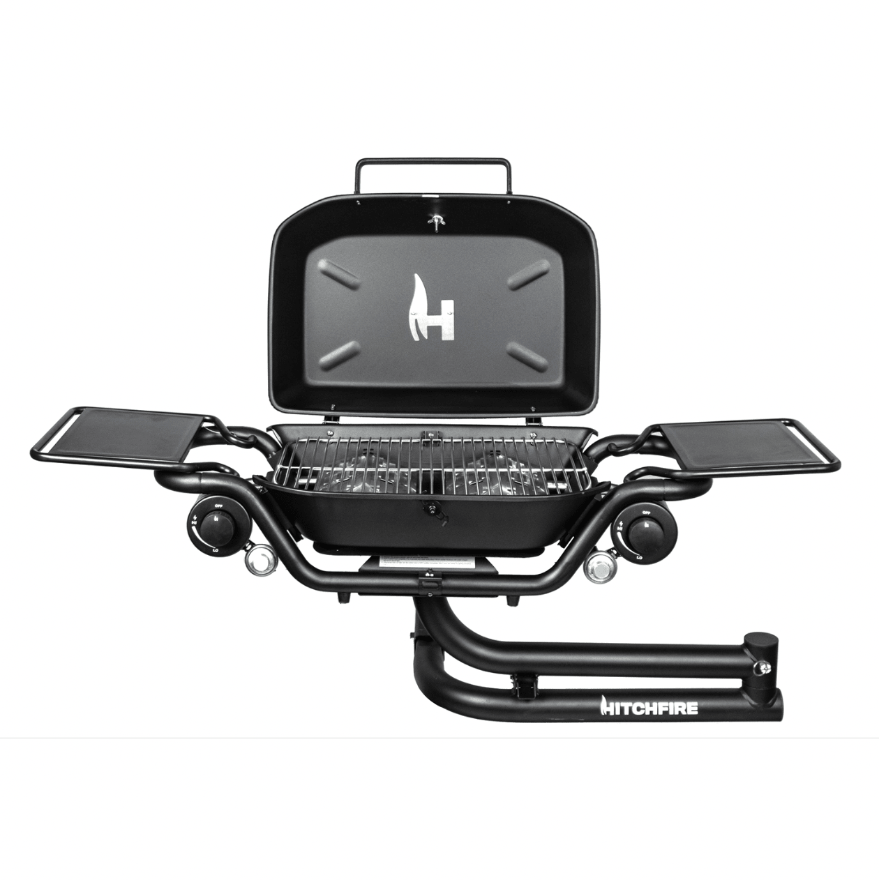 Hitch mounted propane grill with open lid, wire cooking grate, and two side shelves in black.
