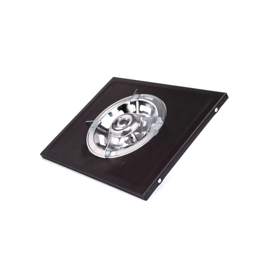 Side burner burner tray with circular burner head in a black housing