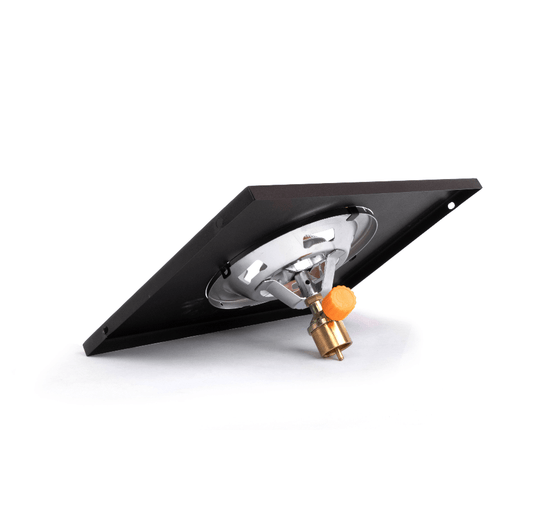 Black side burner panel with brass gas valve and round burner assembly
