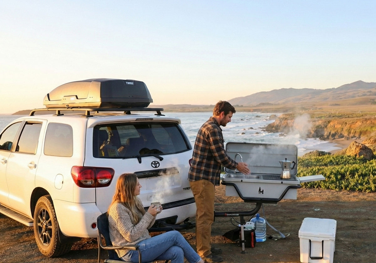 HitchFire camp kitchen deployed off the back of a truck