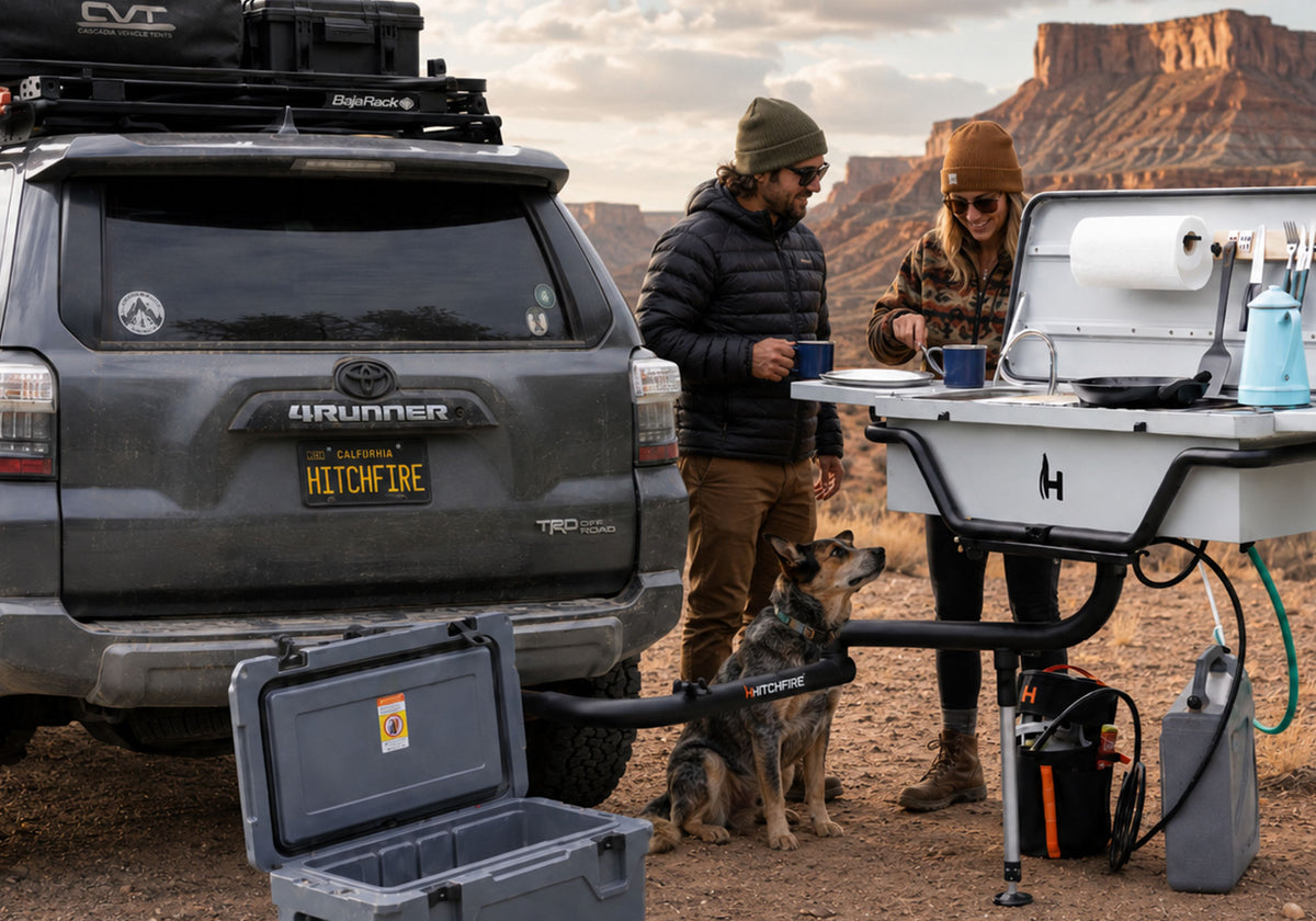 Overland rig with a HitchFire kitchen mounted to the receiver