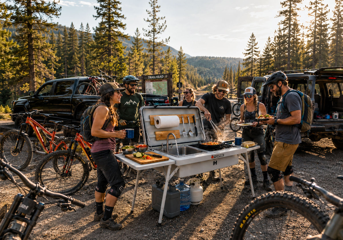 Weekend campers cooking at a HitchFire camp kitchen