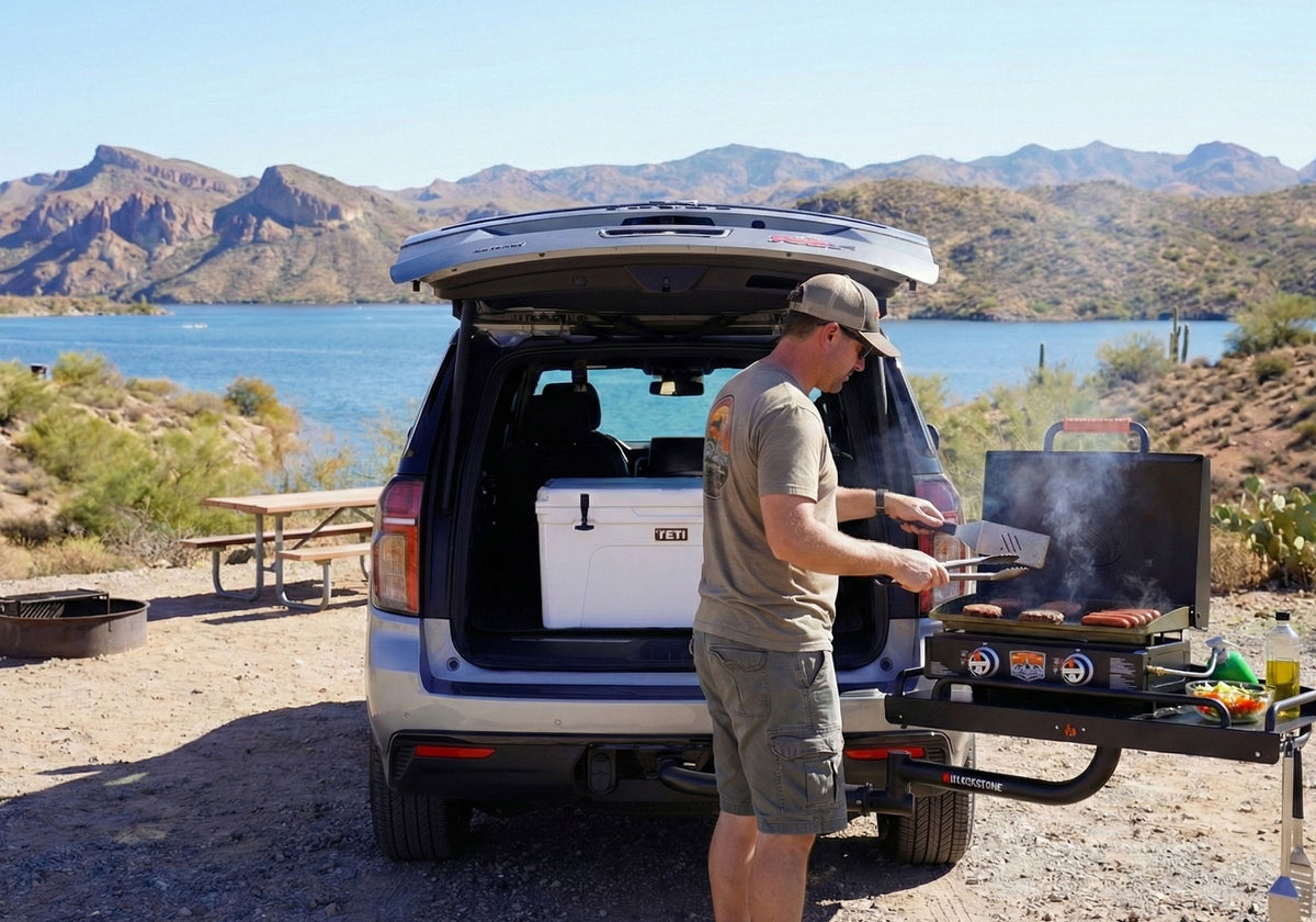 HitchFire Ledge cargo platform loaded on a truck hitch