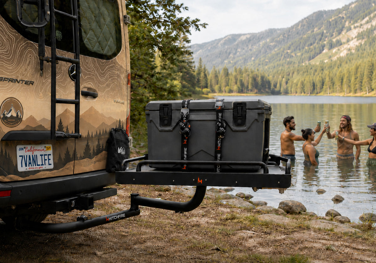 HitchFire Field Box storage mounted outside a van