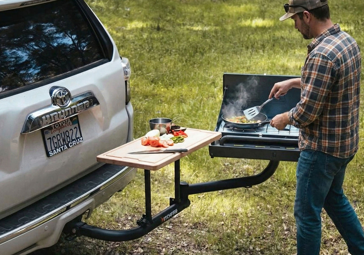 Weekend camping gear loaded on a HitchFire Ledge platform
